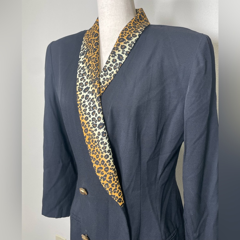 Vintage Black Double Breasted Blazer Jacket Leopard Print Collar Retro 80’s 90’s - Picture 2 of 16